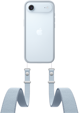 iPhone Air, Rückseite, Farbe Himmelblau, Fusion Kamera-System im oberen Bereich, Apple Logo in der Mitte, Crossbody Band mit Bumper in hellgrauer Farbe angebracht